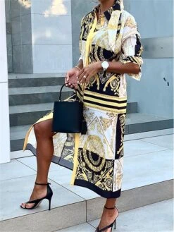 Women's Shirt Dress Casual Dress Maxi Long Dress Outdoor Daily Vacation Polyester Vintage Retro Shirt Collar Button Print Long Sleeve Fall Winter 2023 Loose Fit Yellow Color Block Tribal Ethnic S M L -HANA Luxury Wear Shop jllecj1696746950469