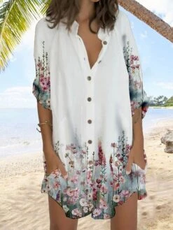 Women's Shirt Dress Casual Dress Shift Dress Mini Dress Outdoor Daily Vacation Polyester Fashion Casual Stand Collar Button Pocket Long Sleeve Summer Spring Fall 2023 Regular Fit White Orange Gray -HANA Luxury Wear Shop jlmblm1677232691327