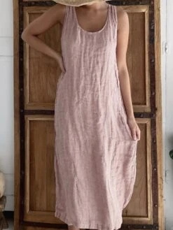 Women's Casual Dress Cotton Linen Dress Shift Dress Midi Dress Bamboo Modern Casual Daily U Neck Ruched Sleeveless Summer Spring 2023 Regular Fit Black White Pink Pure Color S M L XL 2XL -HANA Luxury Wear Shop jlueko1682564079107