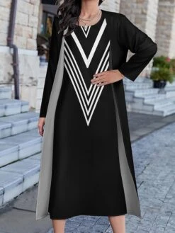 Women's Dress Set Two Piece Dress Long Dress Maxi Dress Black And White Stripes Long Sleeve Color Block Print Winter Fall Crew Neck Vacation Winter Dress Weekend Fall Dress Loose Fit 2023 S M L XL