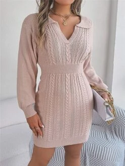 Women's Sweater Dress Winter Dress Jumper Dress Mini Dress Warm Pure Color Outdoor Casual Holiday Vacation V Neck Long Sleeve 2023 Regular Fit Pink Burgundy Green S M L -HANA Luxury Wear Shop jlvkox1696926503186