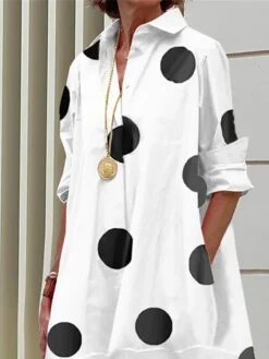 Women's Shirt Dress Casual Dress Midi Dress Outdoor Office Daily Cotton Fashion Modern Shirt Collar Button Pocket 3/4 Length Sleeve Summer Spring Fall 2023 Regular Fit White Polka Dot S M L XL XXL -HANA Luxury Wear Shop jmhdga1687749867438