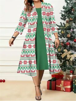 Women's Plus Size Two Piece Dress Set Casual Dress Swing Dress Outdoor Office Fashion Streetwear Print Midi Dress Crew Neck 3/4 Length Sleeve Geometric Deer Regular Fit White Wine Red Fall Winter L -HANA Luxury Wear Shop jmlimo1696907469164
