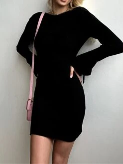 Women's Sweater Dress Jumper Dress Casual Dress Mini Dress Warm Pure Color Outdoor Casual Daily Going Out Crew Neck Long Sleeve 2023 Slim Black Apricot S M L -HANA Luxury Wear Shop jneojj1695106686200