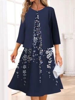 Women's Two Piece Dress Set Casual Dress Swing Dress Outdoor Office Fashion Streetwear Print Midi Dress Crew Neck 3/4 Length Sleeve Floral Regular Fit Wine Navy Blue Blue Spring Fall S M L XL XXL -HANA Luxury Wear Shop jnttnz1691646778676