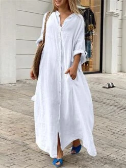 Women's Shirt Dress Casual Dress Cotton Linen Dress Maxi Long Dress Linen / Cotton Blend Basic Classic Outdoor Daily Vacation Shirt Collar Button Pocket 3/4 Length Sleeve Summer Spring Fall 2023 -HANA Luxury Wear Shop jnwldx1692084277795