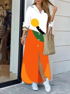 Women's Shirt Dress Casual Dress Maxi Long Dress Outdoor Daily Polyester Fashion Modern Shirt Collar Button Print Long Sleeve Spring Fall 2023 Regular Fit Black Yellow Pink Geometric Color Block -HANA Luxury Wear Shop jopmel1691465446839