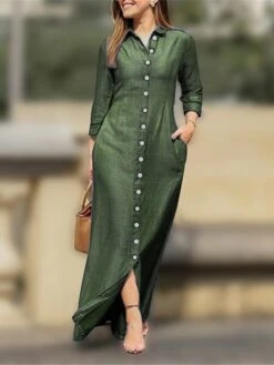 Women's Shirt Dress Casual Dress Maxi Long Dress Outdoor Daily Cotton Linen Basic Classic Shirt Collar Button Pocket Long Sleeve Summer Spring Fall 2023 Loose Fit Black White Green Pure Color S M L -HANA Luxury Wear Shop joyozd1689060614509