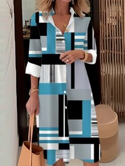 Women's Shirt Dress Casual Dress Midi Dress Outdoor Office Daily Polyester Fashion Modern Shirt Collar Button Pocket Long Sleeve Fall Winter 2023 Loose Fit Yellow Blue Gray Geometric Plaid Color Block -HANA Luxury Wear Shop jpdktv1694428413803