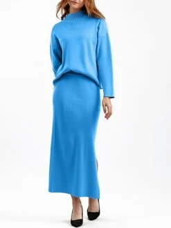 Women's Two Piece Dress Set Casual Dress Skirt Set Outdoor Daily Fashion Streetwear Split Ribbed Midi Dress Turtleneck Long Sleeve Plain Loose Fit Black Light Green Blue Fall One-Size -HANA Luxury Wear Shop jplaht1693278285045