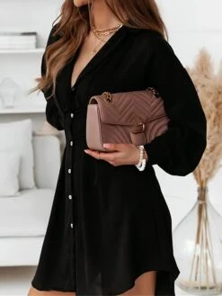 Women's Shirt Dress Casual Dress Mini Dress Outdoor Daily Vacation Polyester Fashion Modern Shirt Collar Button 3/4 Length Sleeve Fall Winter 2023 Loose Fit Black White Pure Color S M L XL 2XL -HANA Luxury Wear Shop jqcwry1695813901731