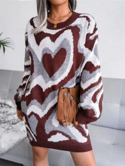 Women's Sweater Dress Jumper Dress Casual Dress Mini Dress Fashion Color Block Heart Outdoor Daily Vacation Going Out Crew Neck Long Sleeve 2023 Loose Fit Black Brown Khaki S M L -HANA Luxury Wear Shop jqqjuv1694756610161