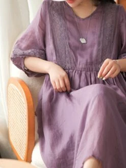 Women's Casual Dress Cotton Linen Dress Swing Dress Midi Dress Cotton Blend Basic Casual Outdoor Daily V Neck Ruched 3/4 Length Sleeve Summer Spring 2023 Loose Fit Black White Yellow Pure Color M L -HANA Luxury Wear Shop jrcxys1677135414452