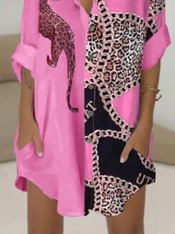 Women's Shirt Dress Casual Dress Shift Dress Mini Dress Outdoor Daily Date Polyester Basic Classic Shirt Collar Button Print Long Sleeve Spring Fall Winter 2023 Loose Fit Rose Red Animal S M L XL -HANA Luxury Wear Shop jrpnch1692871360405
