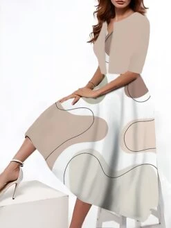 Women's Two Piece Dress Set Casual Dress Tank Dress Outdoor Daily Fashion Streetwear Pocket Print Midi Dress V Neck 3/4 Length Sleeve Geometric Color Block Regular Fit Black Blue Purple Summer Spring -HANA Luxury Wear Shop jrqacv1690544675748