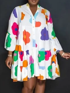 Women's Shirt Dress Casual Dress Mini Dress Outdoor Daily Polyester Basic Classic V Neck Button Print 3/4 Length Sleeve Spring Fall Winter 2023 Loose Fit Black White Green Flower S M L XL 2XL -HANA Luxury Wear Shop jrwibb1694587821478