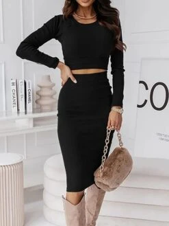Women's Two Piece Dress Set Casual Dress Skirt Set Outdoor Daily Fashion Sexy Ribbed Midi Dress Crew Neck Long Sleeve Plain Regular Fit Black Wine Green Fall Winter S M L XL -HANA Luxury Wear Shop jryxji1695268228572