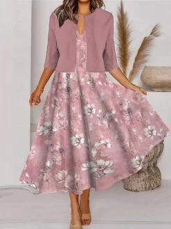 Women's Two Piece Dress Set Casual Dress Tank Dress Outdoor Daily Fashion Streetwear Pocket Print Midi Dress V Neck 3/4 Length Sleeve Floral Regular Fit Pink Navy Blue Royal Blue Spring Fall S M L XL -HANA Luxury Wear Shop jsfuky1690860832786