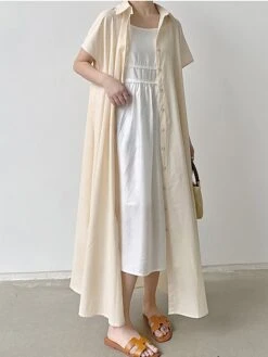 Women's Shirt Dress Casual Dress Maxi Long Dress Outdoor Daily Cotton Linen Basic Classic Shirt Collar Button Short Sleeve Summer Spring 2023 Loose Fit Navy Blue Brown Green Pure Color S M L XL XXL -HANA Luxury Wear Shop jsjzkb1688542119900