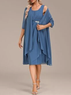 Women's Two Piece Dress Set Party Dress Chiffon Dress Party Wedding Guest Fashion Elegant Ruffle Midi Dress Crew Neck 3/4 Length Sleeve Plain Loose Fit Blue Fall Winter S M L XL XXL -HANA Luxury Wear Shop jtjief1696604910254