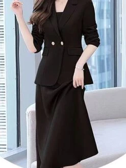 Women's Two Piece Dress Set Work Dress Skirt Set Formal Office Streetwear Elegant Button Pocket Midi Dress Shirt Collar Long Sleeve Plain Regular Fit Black Purple Beige Fall Winter M L XL XXL 3XL -HANA Luxury Wear Shop jtrkce1694498848617
