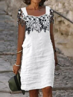 Women's Casual Dress Cotton Linen Dress Shift Dress Midi Dress Cotton Blend Fashion Modern Outdoor Daily Vacation Square Neck Lace Short Sleeve Summer Spring 2023 Regular Fit Black White Gray Leaf S -HANA Luxury Wear Shop jttyty1682056856302