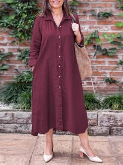 Women's Shirt Dress Casual Dress Cotton Linen Dress Midi Dress Linen / Cotton Blend Basic Classic Outdoor Daily Vacation Shirt Collar Button Pocket Long Sleeve Spring Fall Autumn 2023 Loose Fit Black
