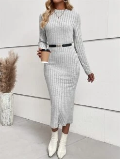 Women's Sweater Dress Winter Dress Jumper Dress Midi Dress Ribbed Outdoor Work Street Fashion Modern Crew Neck Long Sleeve 2023 Slim Light Grey Color S M L XL Size -HANA Luxury Wear Shop juepzb1694594777367
