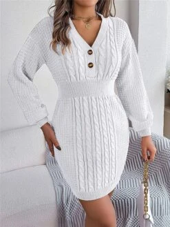 Women's Sweater Dress Winter Dress Jumper Dress Mini Dress Active Pure Color Outdoor Casual Holiday Vacation V Neck Long Sleeve Button 2023 Regular Fit White Pink Green S M L -HANA Luxury Wear Shop jvifcr1696926547606