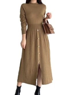 Women's Sweater Dress Winter Dress Jumper Dress Midi Dress Pleated Button Daily Date Going Out Fashion Basic Crew Neck Long Sleeve 2023 Slim Black Brown Green Color S M L XL Size -HANA Luxury Wear Shop jvrkfu1692687923947