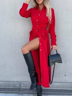 Women's Shirt Dress Shift Dress Swing Dress Maxi Long Dress Winter Dress Daily Holiday Polyester Elegant Classic Shirt Collar Button With Belt Long Sleeve Spring Fall Winter 2023 Regular Fit Black -HANA Luxury Wear Shop jvyvtk1663559808721