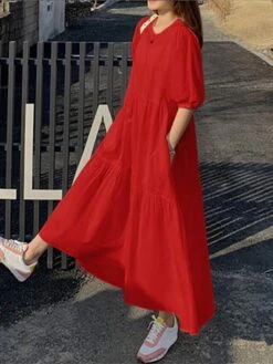 Women's Casual Dress Cotton Linen Dress Swing Dress Maxi Long Dress Cotton Blend Basic Casual Outdoor Daily Holiday Crew Neck Ruched Pocket Half Sleeve Summer Spring 2023 Loose Fit Black White Red -HANA Luxury Wear Shop jwbnha1657768775304