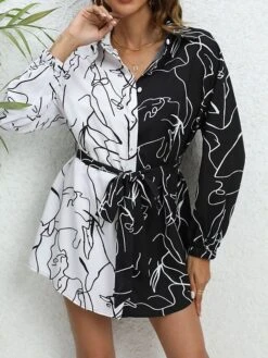 Women's Shirt Dress Casual Dress Mini Dress Outdoor Daily Vacation Polyester Fashion Modern Shirt Collar Lace Up Button Long Sleeve Spring Fall Winter 2023 Loose Fit White Abstract Portrait S M L XL -HANA Luxury Wear Shop jwvvwh1692352091466