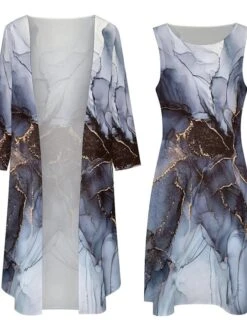 Women's Dress Set Two Piece Dress Shift Dress Midi Dress Dusty Blue Long Sleeve Print Print Summer Spring Crew Neck Stylish Winter Dress Fall Dress Loose Fit 2023 S M L XL XXL 3XL 4XL 5XL -HANA Luxury Wear Shop jwzfvv1663919423936