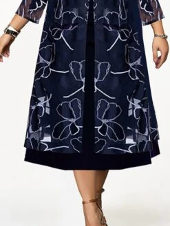 Women's Plus Size Two Piece Dress Set Casual Dress Chiffon Dress Outdoor Daily Fashion Elegant Print Midi Dress Crew Neck 3/4 Length Sleeve Floral Regular Fit Navy Blue Fall Winter L XL XXL 3XL 4XL -HANA Luxury Wear Shop jyiezq1697003815067