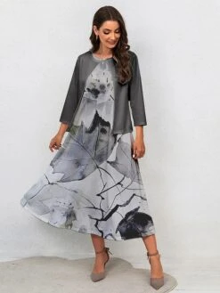 Women's Two Piece Dress Set Casual Dress Swing Dress Outdoor Office Fashion Streetwear Print Midi Dress Crew Neck 3/4 Length Sleeve Leaf Regular Fit Yellow Green Gray Fall Winter S M L XL XXL -HANA Luxury Wear Shop jyuayc1697681155712