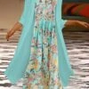Women's Two Piece Dress Set Casual Dress Chiffon Dress Outdoor Daily Fashion Casual Print Maxi Dress Crew Neck 3/4 Length Sleeve Floral Loose Fit Pink Blue Summer Spring S M L XL XXL -HANA Luxury Wear Shop jzcetx1679467488350