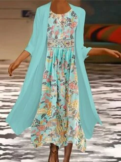 Women's Two Piece Dress Set Casual Dress Chiffon Dress Outdoor Daily Fashion Casual Print Maxi Dress Crew Neck 3/4 Length Sleeve Floral Loose Fit Pink Blue Summer Spring S M L XL XXL