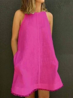 Women's Casual Dress Cotton Linen Dress White Dress Mini Dress Cotton Blend Casual Outdoor Daily Vacation Crew Neck Pocket Sleeveless Summer Spring 2023 Loose Fit Black White Yellow Pure Color S M L -HANA Luxury Wear Shop jzglxc1680163649522