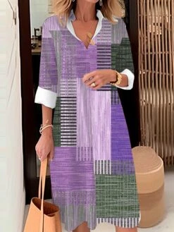 Women's Shirt Dress Casual Dress Midi Dress Outdoor Office Daily Polyester Fashion Modern Shirt Collar Button Pocket Long Sleeve Fall Winter 2023 Loose Fit Yellow Blue Purple Plaid Striped S M L XL -HANA Luxury Wear Shop jzgrwj1694070523530