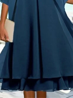 Women's Two Piece Dress Set Casual Dress Chiffon Dress Outdoor Daily Fashion Elegant Layered Midi Dress Crew Neck 3/4 Length Sleeve Plain Regular Fit Navy Blue Fall Winter S M L XL XXL -HANA Luxury Wear Shop jzxzbf1695278613850