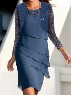 Women's Two Piece Dress Set Party Dress Semi Formal Dress Party Wedding Guest Fashion Elegant Ruffle Layered Mini Dress Crew Neck Long Sleeve Plain Regular Fit Navy Blue Fall Winter S M L XL XXL -HANA Luxury Wear Shop kabhox1694057200422