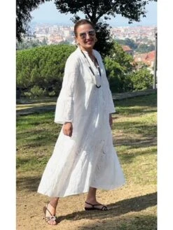 Women's Shirt Dress Casual Dress Swing Dress Maxi Long Dress Outdoor Daily Vacation Cotton Fashion Modern Split Neck Lace Button 3/4 Length Sleeve Summer Spring Fall 2023 Loose Fit White Yellow Red -HANA Luxury Wear Shop kavugy1693360218417