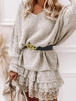 Women‘s Sweater Dress Winter Dress Knit Dress Mini Dress Beige Long Sleeve Floral With Belt Fall Winter Autumn V Neck Stylish Winter Dress Fall Dress 2023 S M L XL XXL 3XL -HANA Luxury Wear Shop kbebde1672381006504