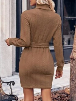 Women's Sweater Dress Jumper Dress Casual Dress Mini Dress Fashion Pure Color Outdoor Casual Daily Going Out Turtleneck Long Sleeve Lace Up 2023 Regular Fit Black Wine Khaki S M L XL -HANA Luxury Wear Shop kbqpjp1692340174833