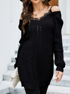 Women's Sweater Dress Winter Dress Jumper Dress Mini Dress Patchwork Cold Shoulder Daily Date Going Out Active Fashion V Neck Long Sleeve 2023 Loose Fit Black Blue Gray Color S M L XL Size -HANA Luxury Wear Shop kbunwc1692857018119
