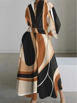 Women's Shirt Dress Casual Dress Swing Dress Maxi Long Dress Outdoor Office Daily Polyester Fashion Modern Shirt Collar Button Pocket Long Sleeve Spring Fall Winter 2023 Loose Fit Orange Geometric