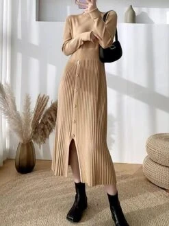 Women's Sweater Dress Winter Dress Jumper Dress Midi Dress Pleated Button Daily Date Going Out Fashion Basic Crew Neck Long Sleeve 2023 Slim Black Brown Green Color S M L XL Size -HANA Luxury Wear Shop kcixcr1692687922108