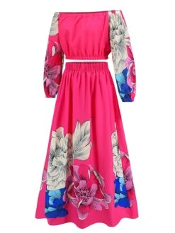 Women's Two Piece Dress Set Casual Dress Skirt Set Daily Going Out Casual Ruched Print Long Dress Maxi Dress Off Shoulder Long Sleeve Floral Regular Fit Blue Green Rose Red Fall Winter S M L XL XXL -HANA Luxury Wear Shop kckluk1692339429123