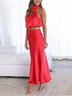 Women's Two Piece Dress Set Casual Dress Skirt Set Daily Holiday Fashion Sexy Ruched Long Dress Maxi Dress Stand Collar Sleeveless Plain Regular Fit Black White Light Green Summer Spring S M L XL -HANA Luxury Wear Shop kcluwb1690857200050